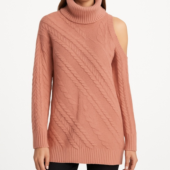BCBGMAXAZRIA Cable Knit Cutout Turtleneck Sweater – Dusty Rose – Size M – NWT - Picture 1 of 4